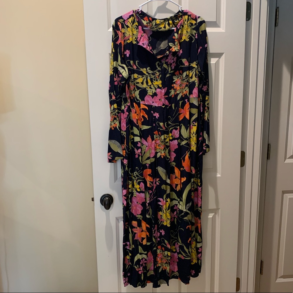 Navy Long Sleeve dark Floral Dress High waist plus
